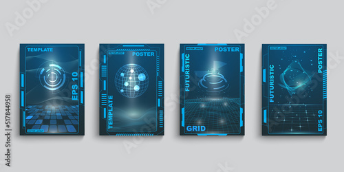 Techno cyberpunk posters. Liquid art with black futuristic wiggly shapes. Circle monochrome flyer design. HUD blue frames. Space planets and digital grid. Abstract vector templates set