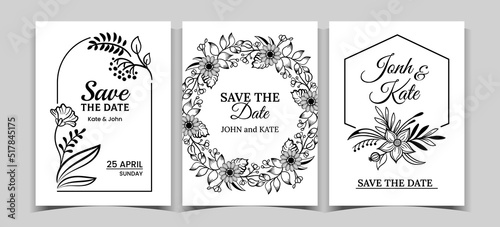 Invite with eucalyptus leaves. Wedding greenery frame with plant wreath, floral leaf and borders. Monochrome black colors elegant herbs or blossoms. Spring cards. Vector geometric illustration