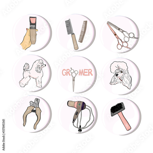 Icons for groomers. Pet care tools as a blank for designers, logo, icon, print, element