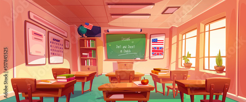 English language classroom interior, empty school or college class with furniture and stuff. Wooden student desks, blackboard, Usa flag in globe, alphabet and textbooks, Cartoon vector illustration