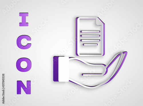 Paper cut Contract in hand icon isolated on grey background. Insurance concept. Security, safety, protection, protect concept. Paper art style. Vector