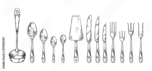 Cutlery sketch. Tableware for restaurant food. Forks, knives and spoons. Utensil collection. Bistro or cooking menu. Ladle and spatula. Engraving dinnerware set. Vector illustration