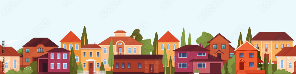 Street border, home pattern. Sale of residential or village, front of building construction, suburb rent, real estate. Isolated country houses facade. Vector seamless town background
