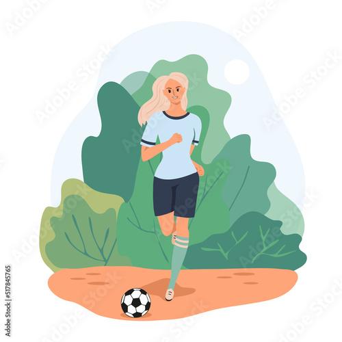 Beautiful sporty girl soccer player running kicking a ball outdoors. Woman play football in the park. Front view. Colorful female character isolated on white background. Vector illustration.