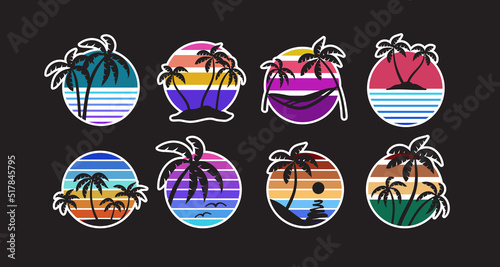 California sunset beach. Retro circle sun, silhouette of coconut palm trees and leaves, 80s and 90s disco gradient. Colorful circles with texture. Labels collection. Vector vintage icons