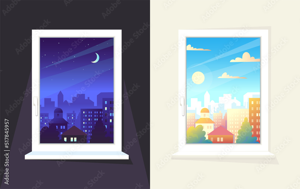 Day and night window. Morning sun view and moon time city background. House building. Apartment landscape. Downtown panorama. Nighttime and daytime cityscape. City scenery. Vector concept