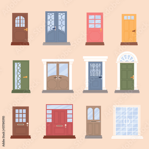 Old wooden doors set. Antique house front with doorknob with windows, glass entrance and handle exterior. Modern and classic architecture, decor isolated on objects. Vector cartoon collection