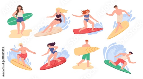Surfer characters on wave. Surf man with board on beach. People with surfboards. Travels adventures in ocean. Woman in water. Extreme sport. Summer activity. Vector surfing persons set