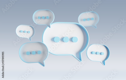 Minimalist blue and white speech bubbles talk icons floating over grey background. Modern conversation or social media messages with shadow. 3D rendering