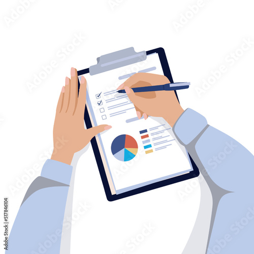 Table top view. Employee workspace. Office worker writing on paper tablet. Cartoon characters working with infographics. Clipboard with report document. Pen in arms. Vector hands on desk