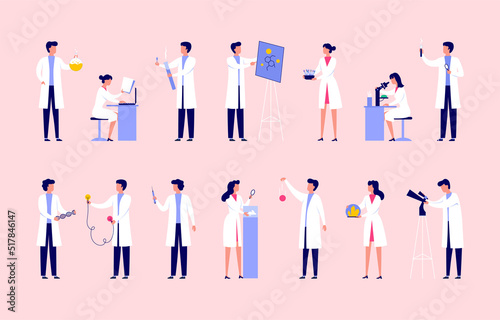 Scientists research in laboratory. Woman and man doctors in science lab. People characters set in medical uniform. Chemistry experiments. Chemists with test tubes. Vector illustration