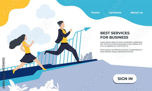 Business landing page. Website interface template. Running businessmen. Progress infographics. Company development. Effective managers. Vector office support and online marketing concept