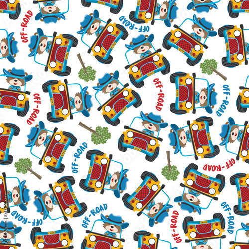 Seamless pattern vector of Cute fox cartoon having fun driving off road car go to forest. Creative vector childish background for fabric textile, nursery wallpaper, poster. and other decoration.