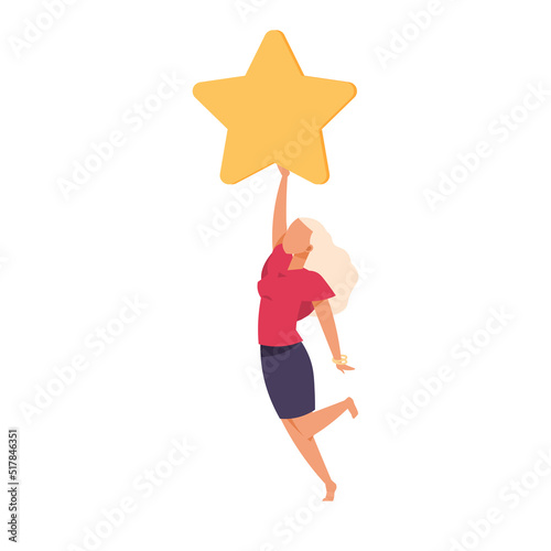 Customer rating. Happy jumping woman with star. Clients satisfaction. Evaluating service. Girl with yellow icon. Cartoon flat style illustration. Vector review and feedback concept