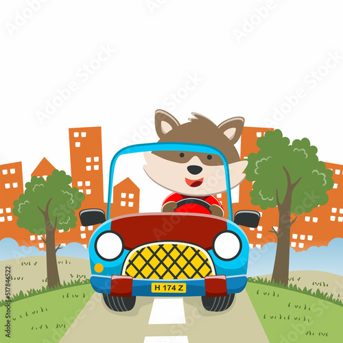 Vector illustration of cute little fox on a off road car go to forest  Can be used for t-shirt print  kids wear  invitation card. fabric  textile  nursery wallpaper  poster and other decoration.