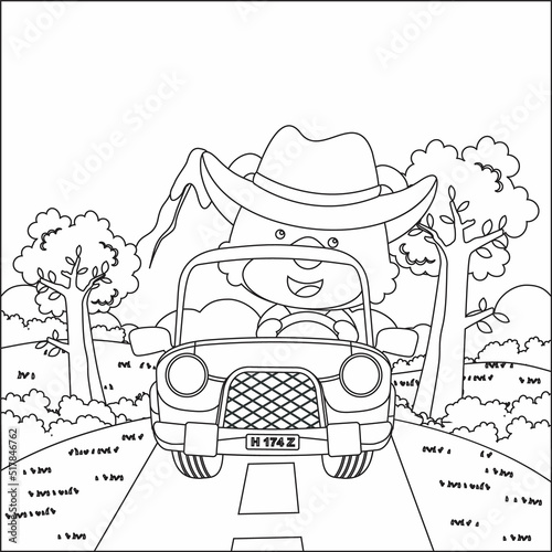 Cute little fox cartoon having fun driving off road car on sunny day. Cartoon isolated vector illustration, Creative vector Childish design for kids activity colouring book or page.