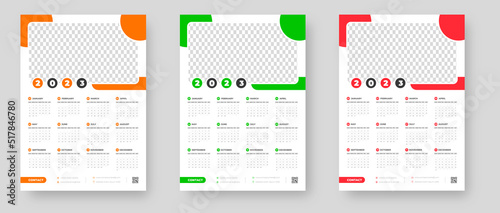 2023 wall calendar design template with red, green and orange color