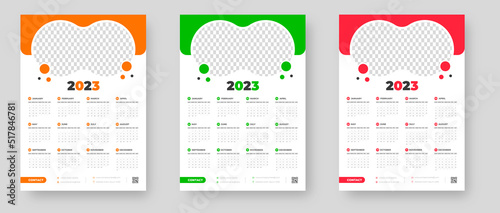 2023 wall calendar design template  with red, green and orange color