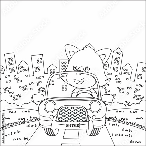 Cute little fox cartoon having fun driving off road car on sunny day. Cartoon isolated vector illustration, Creative vector Childish design for kids activity colouring book or page.