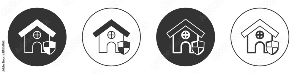 Black House with shield icon isolated on white background. Insurance concept. Security, safety, protection, protect concept. Circle button. Vector Black House with shield icon isolated on white background. Insurance concept. Security, safety, protection, protect concept. Circle button. Vector