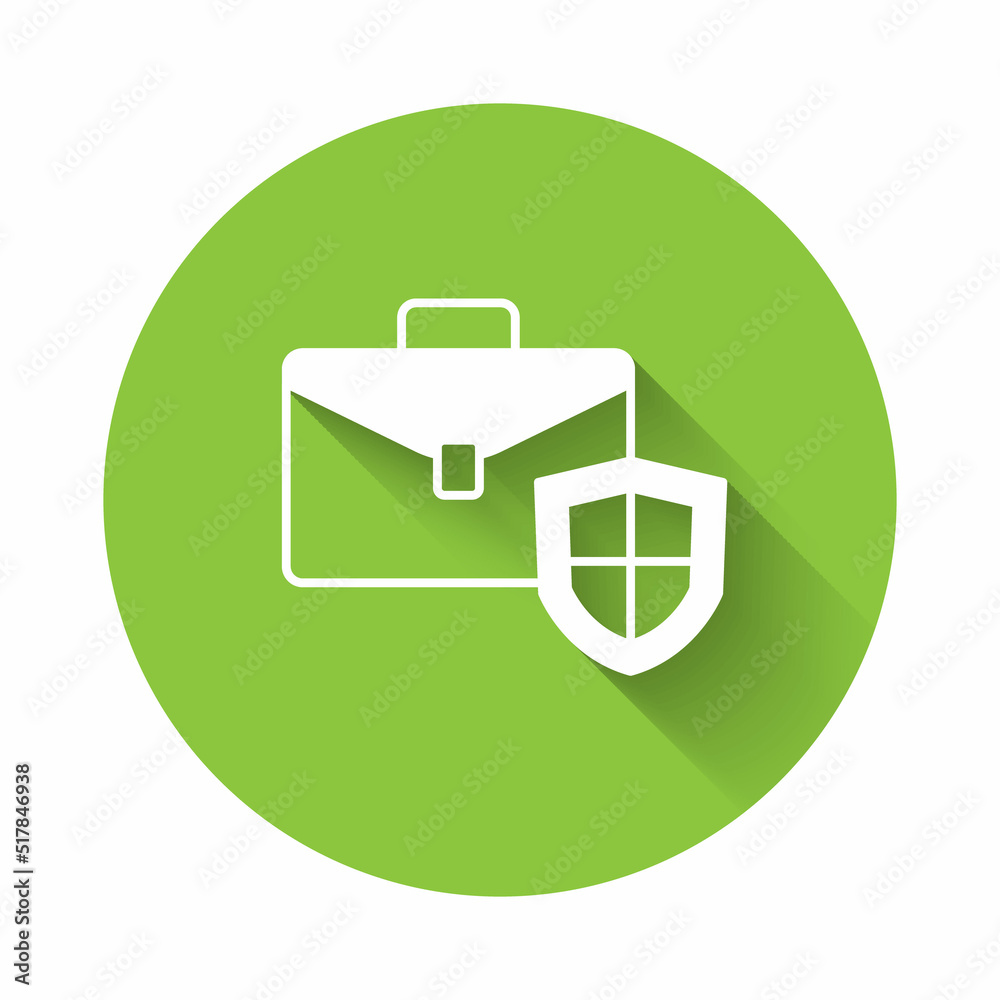 White Briefcase with shield icon isolated with long shadow background. Insurance concept. Security, safety, protection, protect concept. Green circle button. Vector White Briefcase with shield icon isolated with long shadow background. Insurance concept. Security, safety, protection, protect concept. Green circle button. Vector