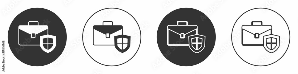Black Briefcase with shield icon isolated on white background. Insurance concept. Security, safety, protection, protect concept. Circle button. Vector Black Briefcase with shield icon isolated on white background. Insurance concept. Security, safety, protection, protect concept. Circle button. Vector