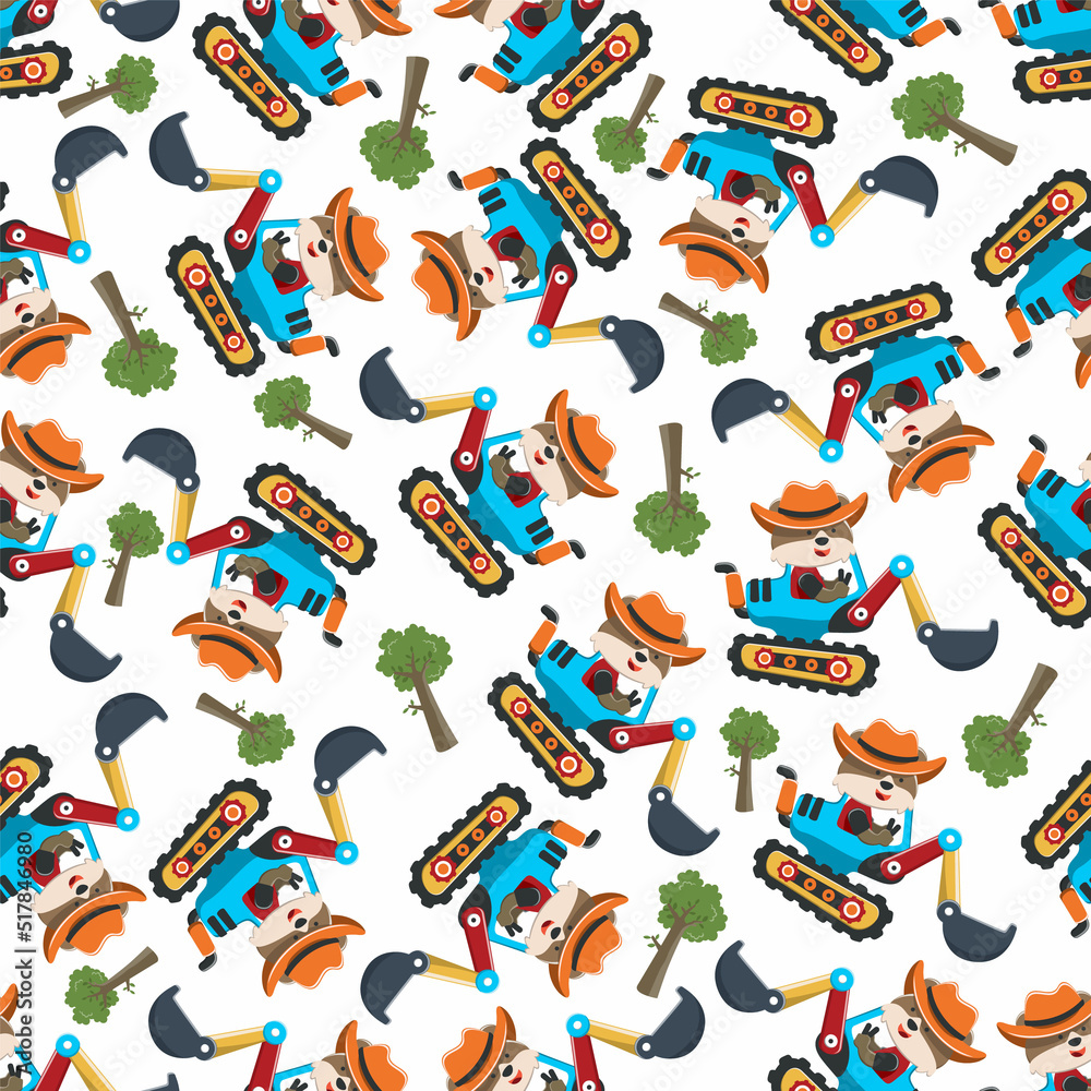 Seamless pattern of Cute little fox on excavator. Can be used for t-shirt print, kids wear fashion design, print for t-shirts, baby clothes, poster. and other decoration.