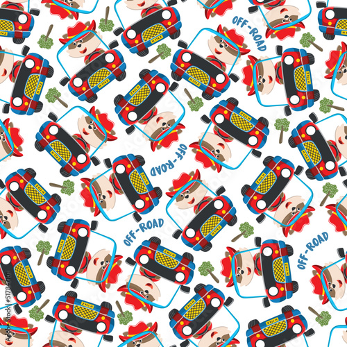 Seamless pattern vector of Cute fox cartoon having fun driving off road car go to forest. Creative vector childish background for fabric textile, nursery wallpaper, poster. and other decoration.