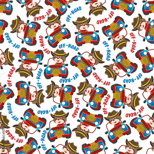Seamless pattern vector of Cute fox cartoon having fun driving off road car go to forest. Creative vector childish background for fabric textile, nursery wallpaper, poster. and other decoration.