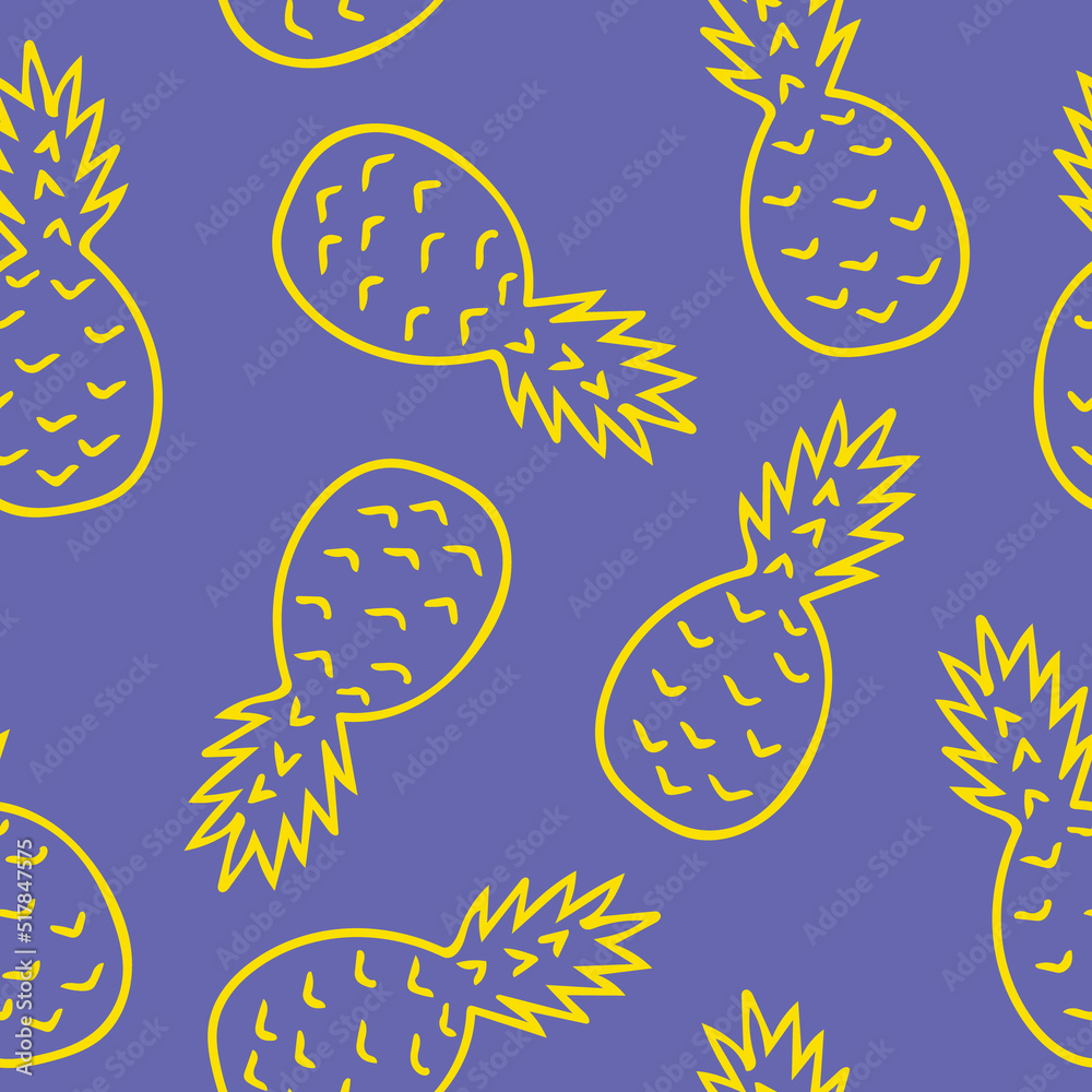 pineapple seamless pattern hand drawn in doodle. tropical fruits in a simple line style