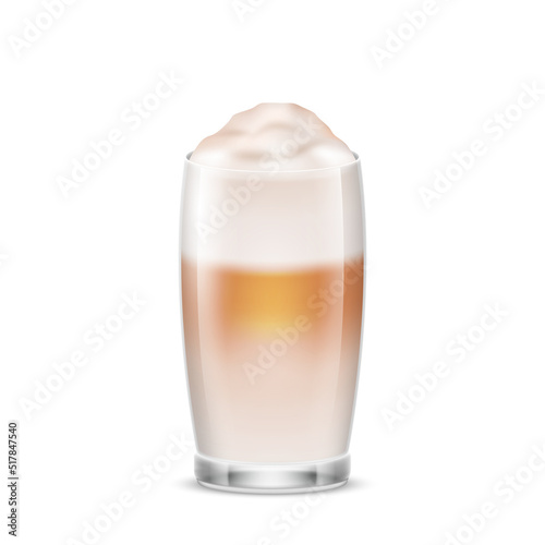 Coffee latte in transparent glass cup. Fresh hot coffeelatte beverage in mug. Coffee with milk drink