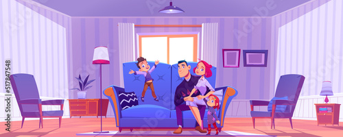 Happy family on couch in living room. Vector cartoon illustration of vintage house interior with couple sitting on sofa and cute kids. Mother, father, daughter and son relax at home together