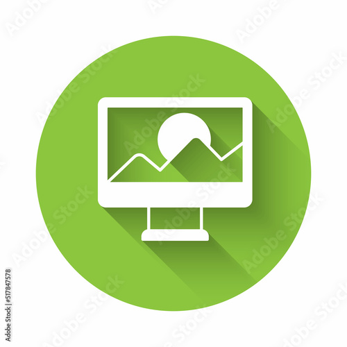 White Photo retouching icon isolated with long shadow background. Photographer, photography, retouch icon. Green circle button. Vector