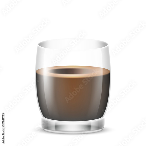 Americano coffee in transparent glass cup. Fresh hot beverage espresso in mug. Black coffee drink
