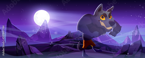 Spooky werewolf, wolf monster at night. Vector Halloween background with cartoon stone wasteland landscape with mountains, full moon in sky and scary lycanthrope