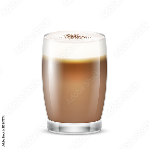 Macchiato in transparent glass cup. Hot coffee beverage in mug. Coffee with milk and chocolate syrup