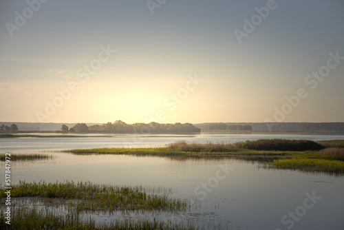 Scenic landscape with foggy river and forest on the horizon. Mystical morning landscape on the pond. Dawn over the lake. © Sergei