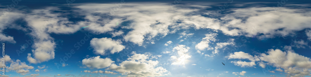 Blue sky panorama with puffy Cumulus clouds. Seamless hdr pano in spherical equirectangular format. Sky dome or zenith for 3D visualization, game and sky replacement for aerial drone 360 panoramas. Blue sky panorama with puffy Cumulus clouds. Seamless hdr pano in spherical equirectangular format. Sky dome or zenith for 3D visualization, game and sky replacement for aerial drone 360 panoramas.