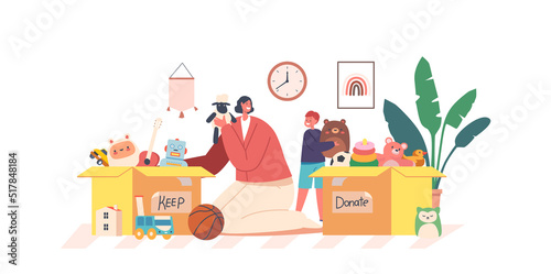 Charity, Aid to Poor Children Concept. Woman and Boy Orphan Take Toys from Carton Donation Box. Social Help to Kids