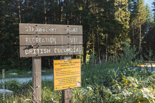 View of welcome sign Strawberry Point Recreation Site on Lillooet Lake near Pemberton photo