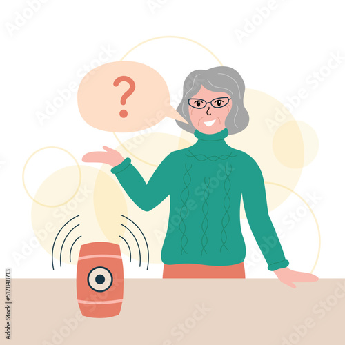 Smart speaker technology. Person and device. Elderly woman asks question to smart speaker gadget. Voice assistant. Flat vector illustration