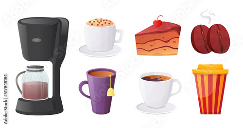 Cafe dessert and resttaurant menu sweet food vector set. Cartoon coffee and tea icons. Coffee maker, percolator, tea cup, cake, croissant, espresso, and coffee beans.. Vector illustration.
