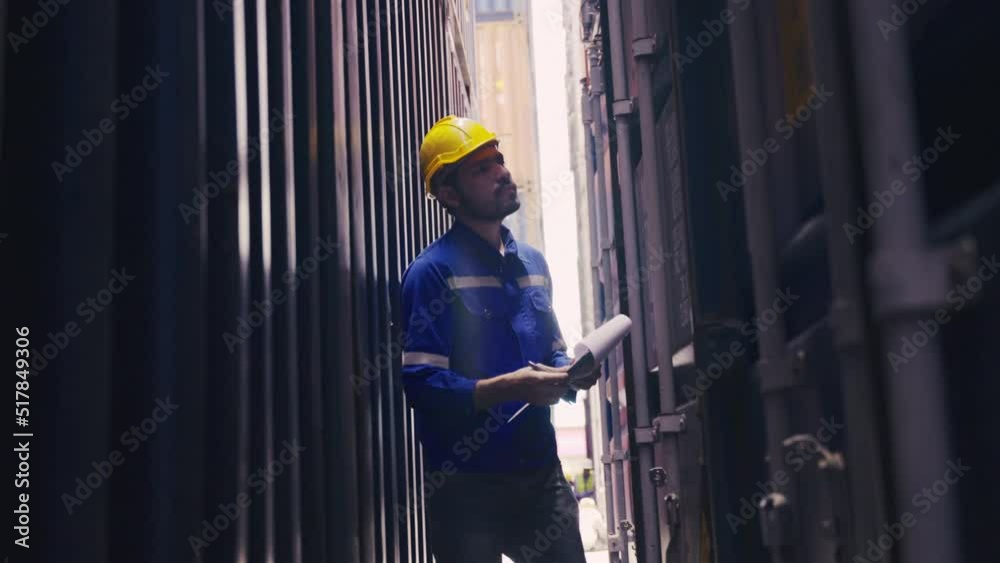 Medium full shot of Asian man Industrial shipping worker checking container stack at container yard at the background. Medium full shot of Asian man Industrial shipping worker checking container stack at container yard at the background.