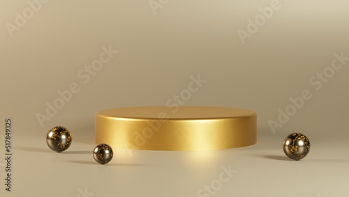 Golden luxury pedestal for product display, luxury cylinder blank stage, 3D Render