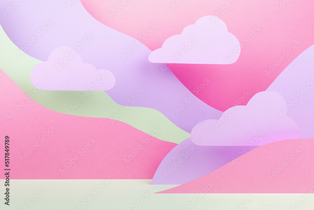 Fantasy cartoon landscape as abstract scene mockup with paper pink clouds, mountains in pink, lilac, white color. Background for advertising, design, card, presentation of cosmetic, goods, poster.