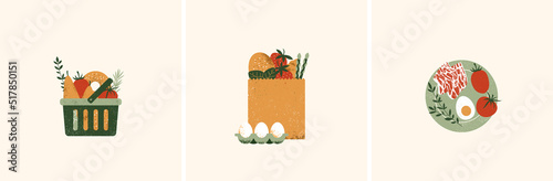 Shopping basket, bag and plate. Natural food. Organic groceries. 