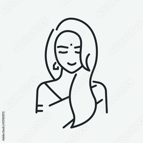 Indian woman sketch. Modern look of young lady in sari. Line icon concept. Vector illustration