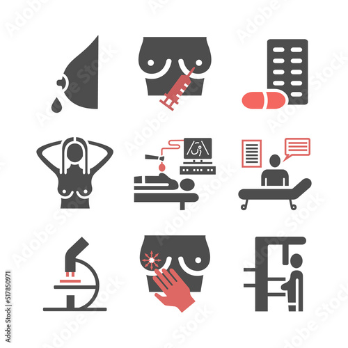 Breast Cancer icons set. Symptoms, Causes, Treatment. icons set