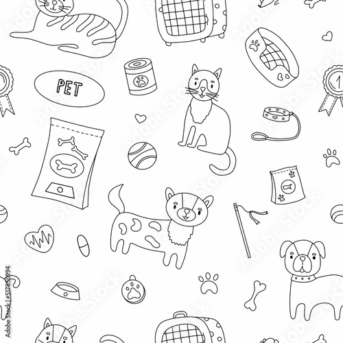 Seamless pattern with dog and pet accessories: bones, food, leash. For decoration of dog and cat themes. Vector illustration in doodle style.