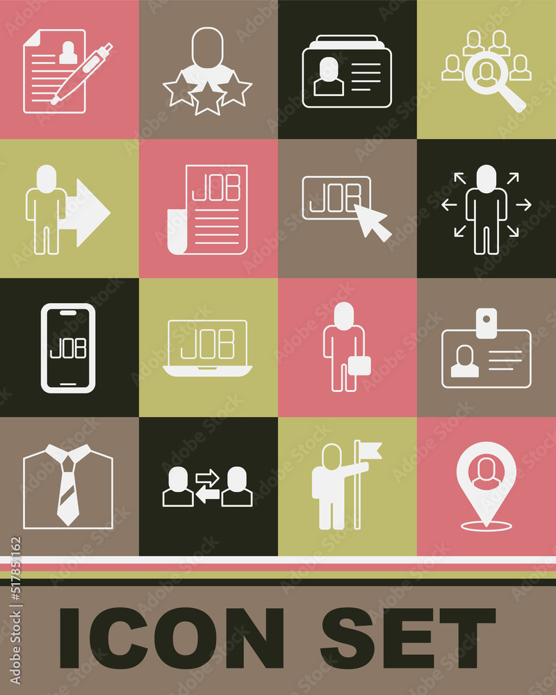 Set Worker location, Identification badge, Multitasking manager working, Resume, Search job, Leader of team of executives, and icon. Vector Set Worker location, Identification badge, Multitasking manager working, Resume, Search job, Leader of team of executives, and icon. Vector